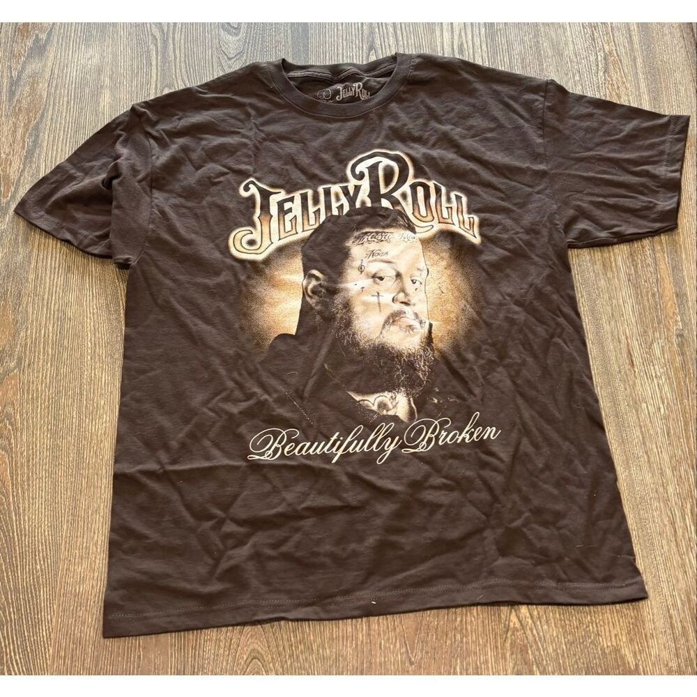 Jelly Roll Mens Graphic Print Concert T-Shirt Short Sleeve Cotton Brown Size L